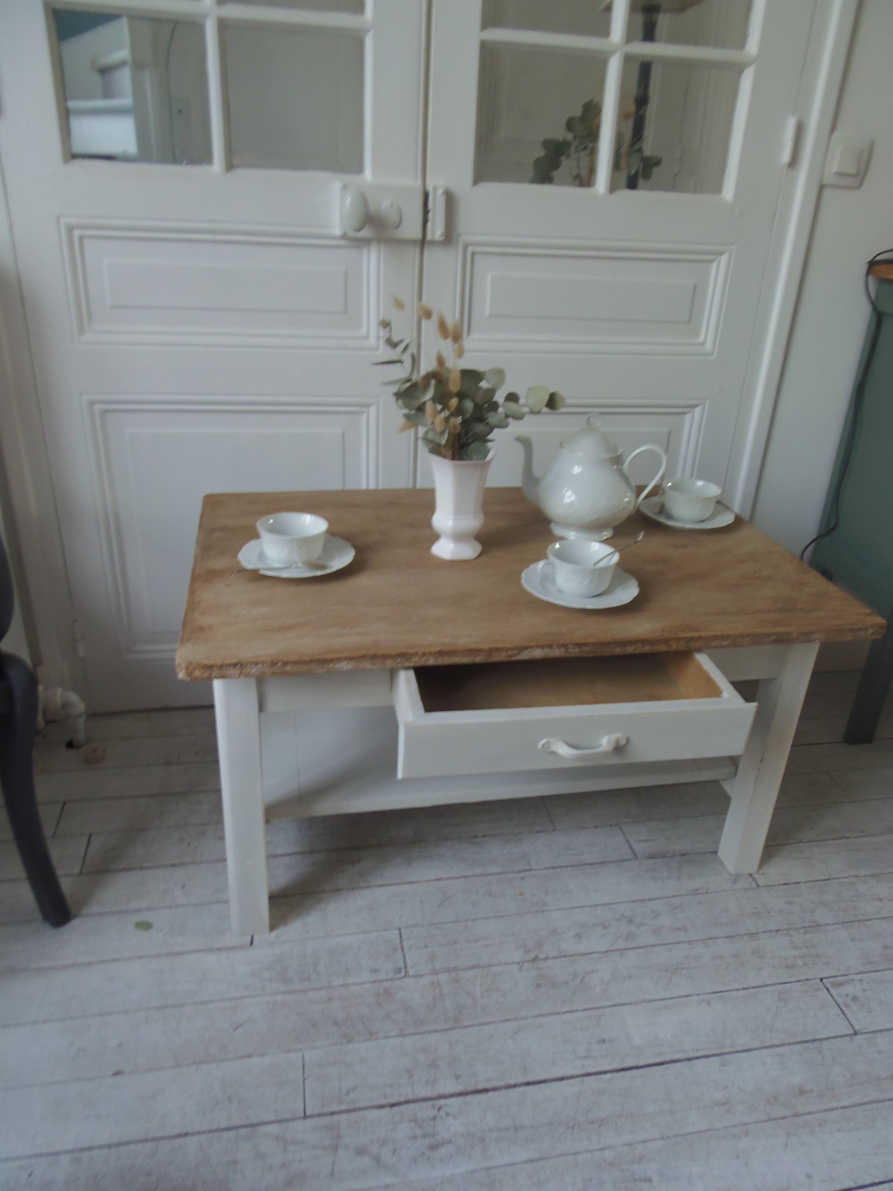 Coffee table made from a vintage table, pearl gray patina, wooden top.