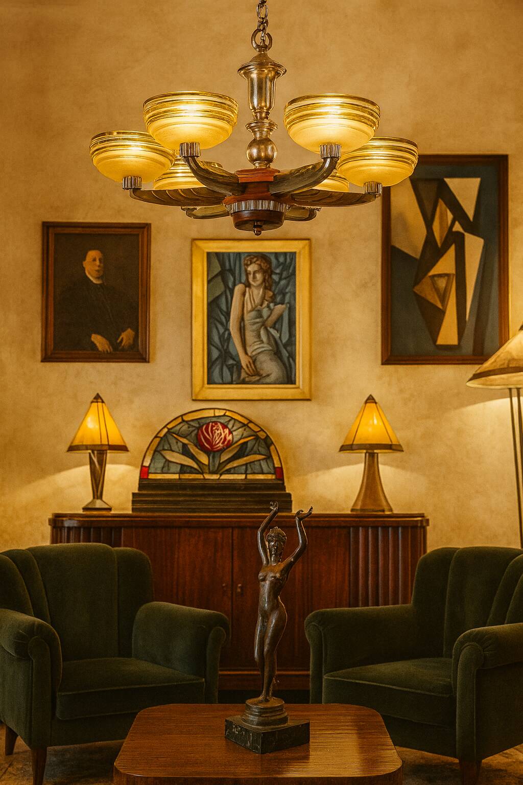 Petitot Art Deco Chandelier – 5 lights – Wood, metal and amber glass, 1920