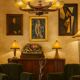 Petitot Art Deco Chandelier – 5 lights – Wood, metal and amber glass, 1920