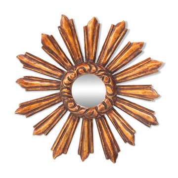 Miroir soleil vintage œil de sorcière en bois doré (39 cm)