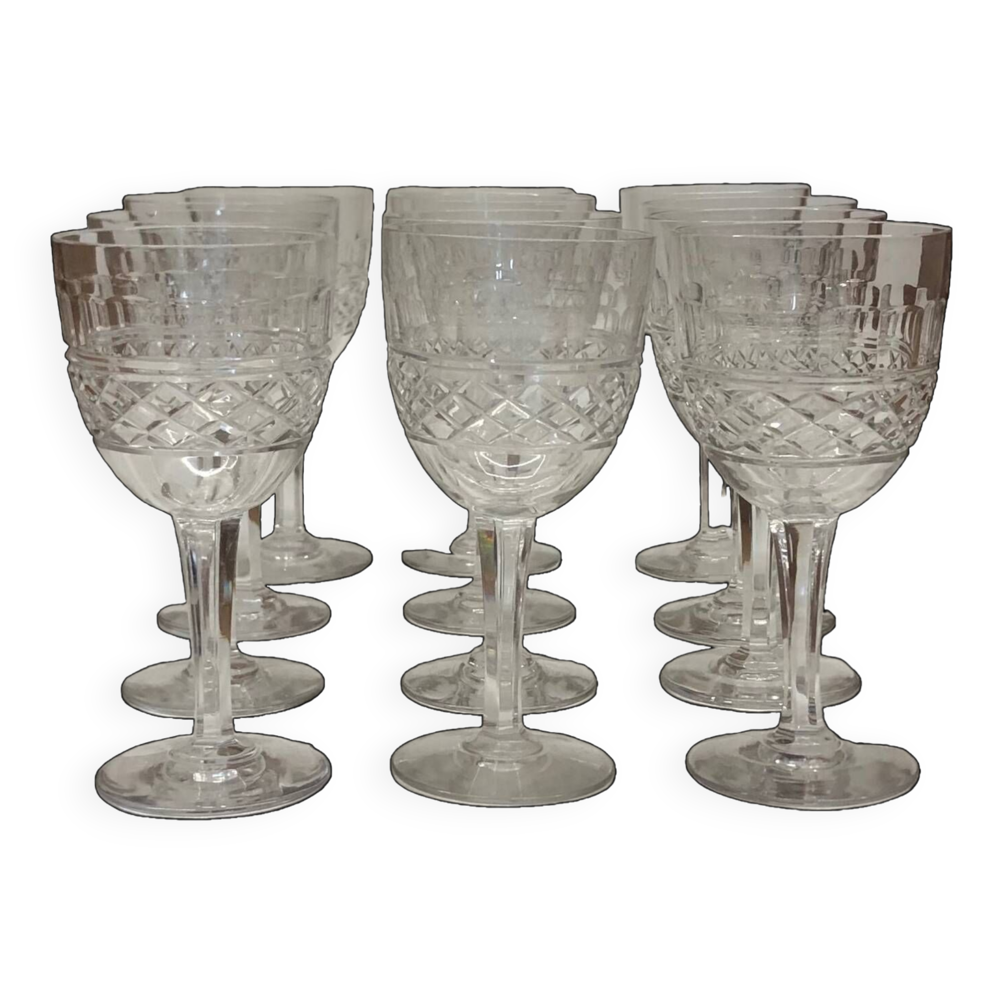 Set of 12 cut crystal stemmed glasses from the Nancy crystal factory, art deco