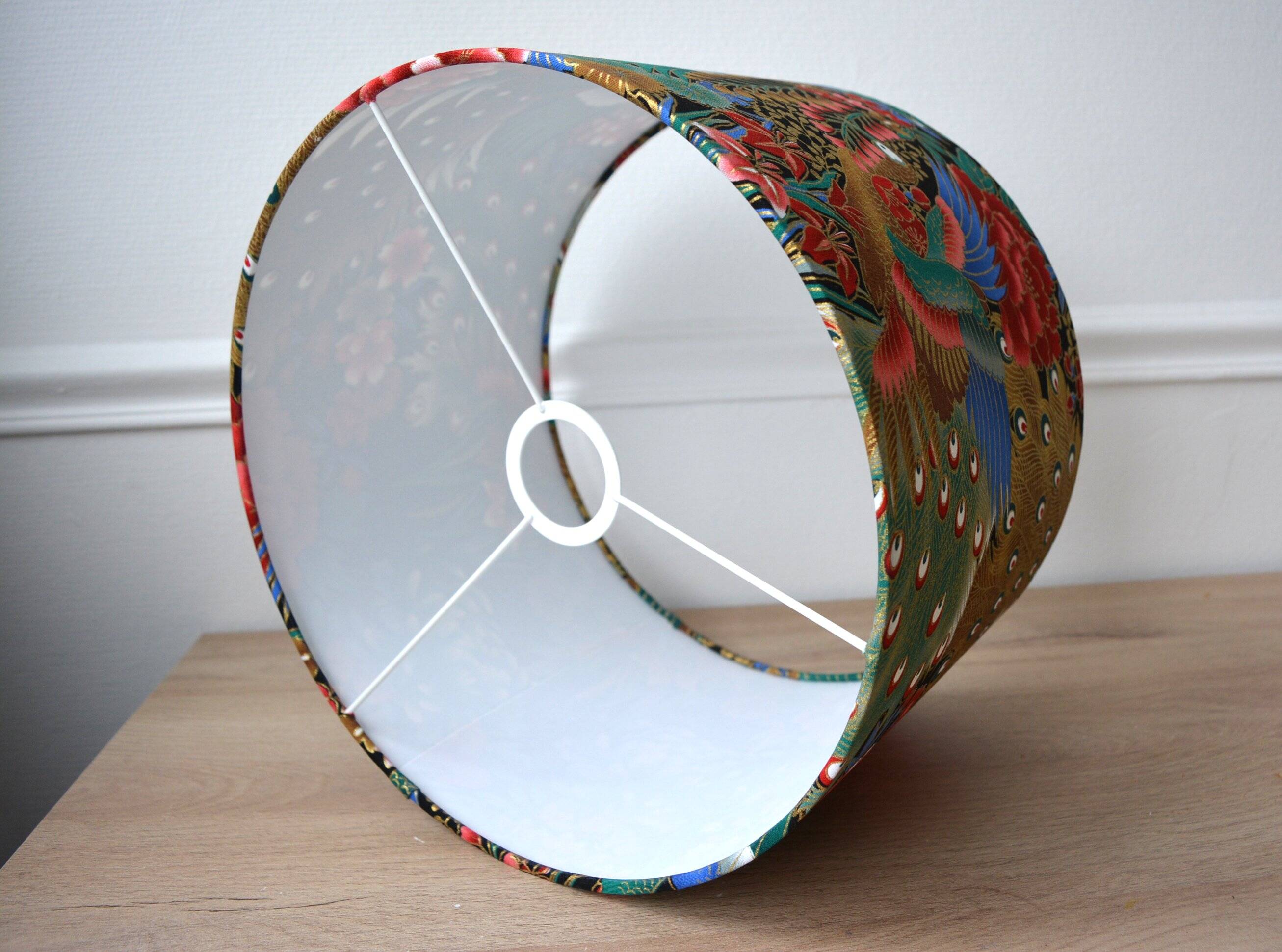 Jouy fabric lampshade, peacock, flowers, gold, 35cm