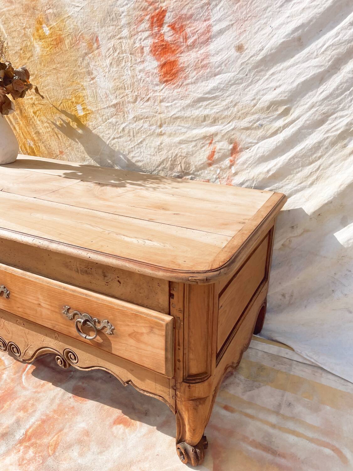Vintage and rustic TV stand or coffee table in carved raw wood