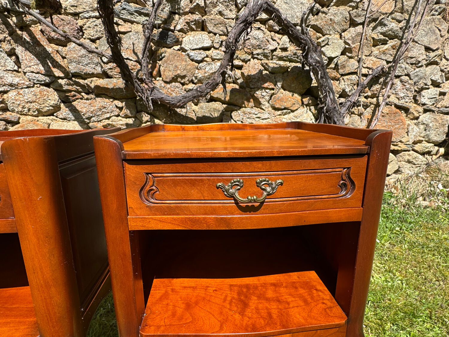 Pair of Louis XV style bedside tables in cherry wood, 1950s/70s.