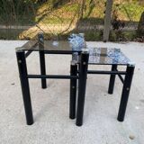 3 black industrial glass nesting coffee tables Yves Boutboul 1970