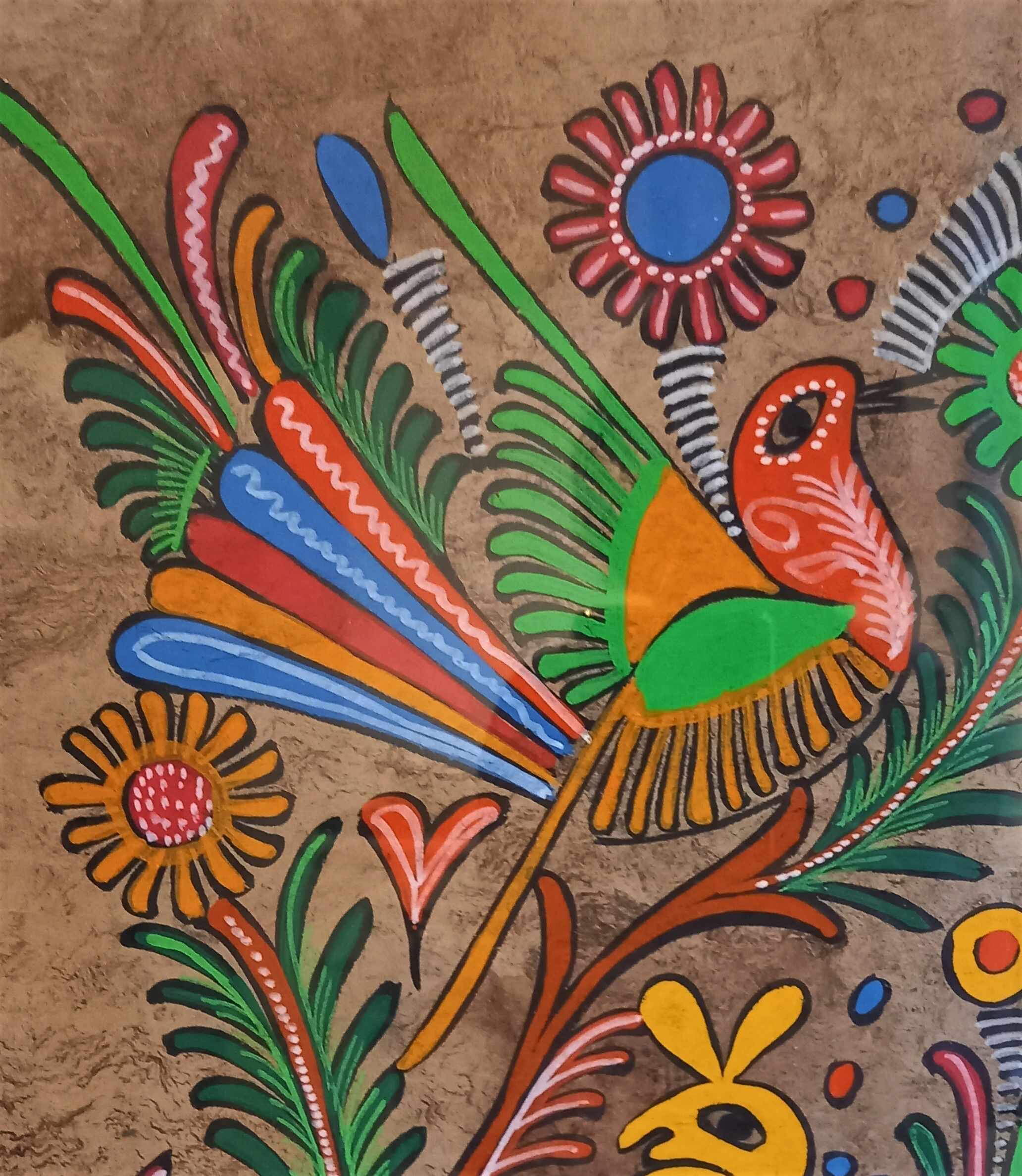 Mexican handmade painting, doe and bird, on natural vegetable fiber