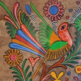 Mexican handmade painting, doe and bird, on natural vegetable fiber