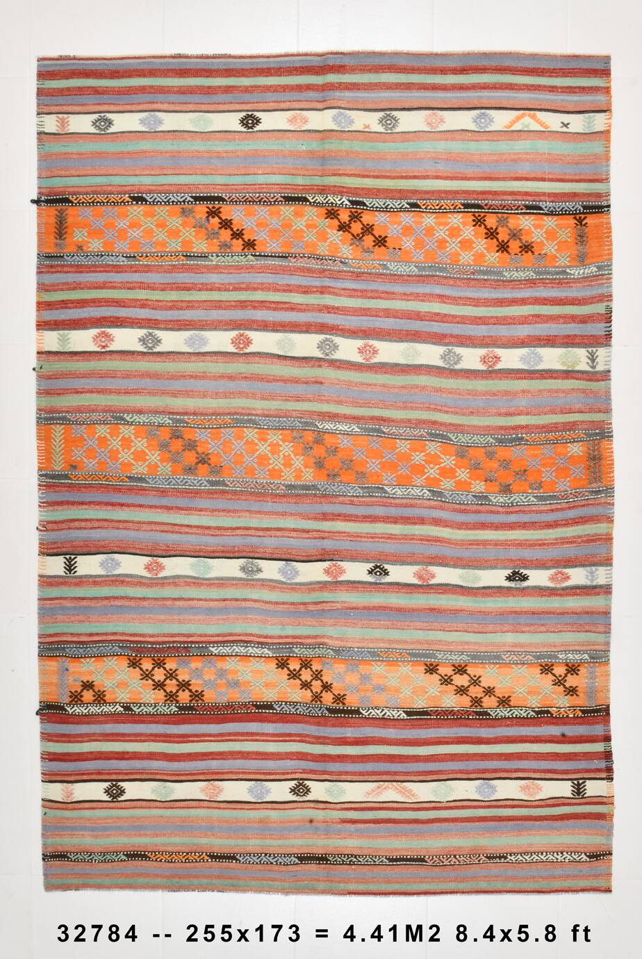 5x8 Orange & Red Striped Vintage Kilim Rug, 173x255Cm SK 32784