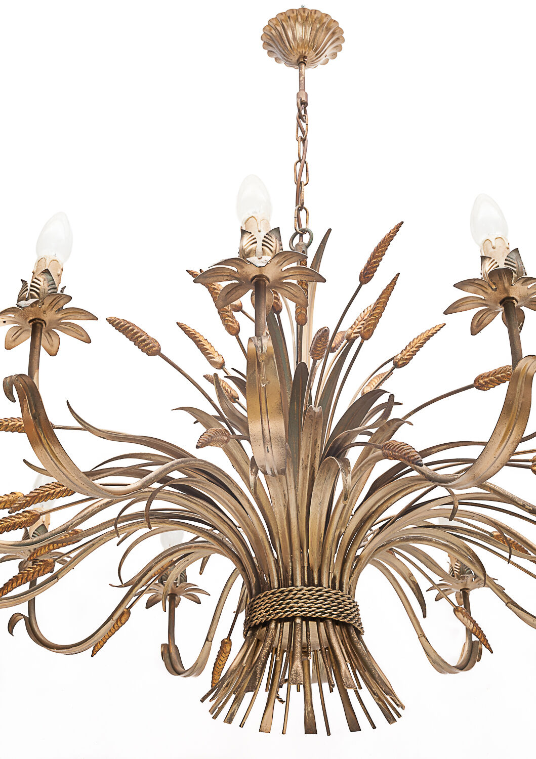 Pair of 12-burner wheat sheaf chandeliers by Hans Kogl