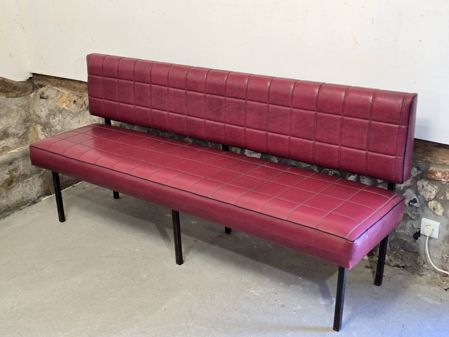 1960s double bistro bench in buttoned burgundy red skai