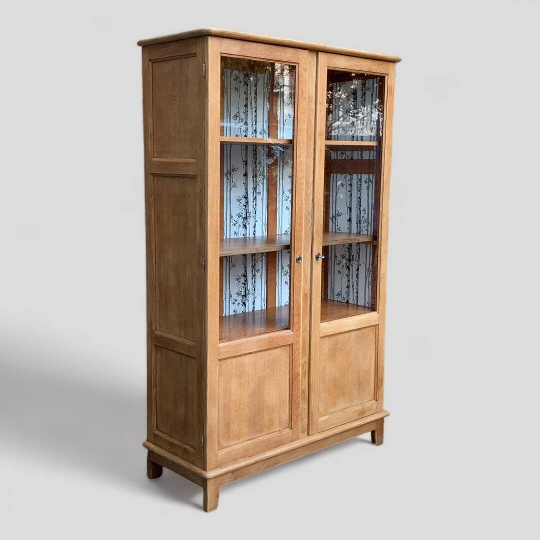 Solid raw oak school glass cabinet 1950