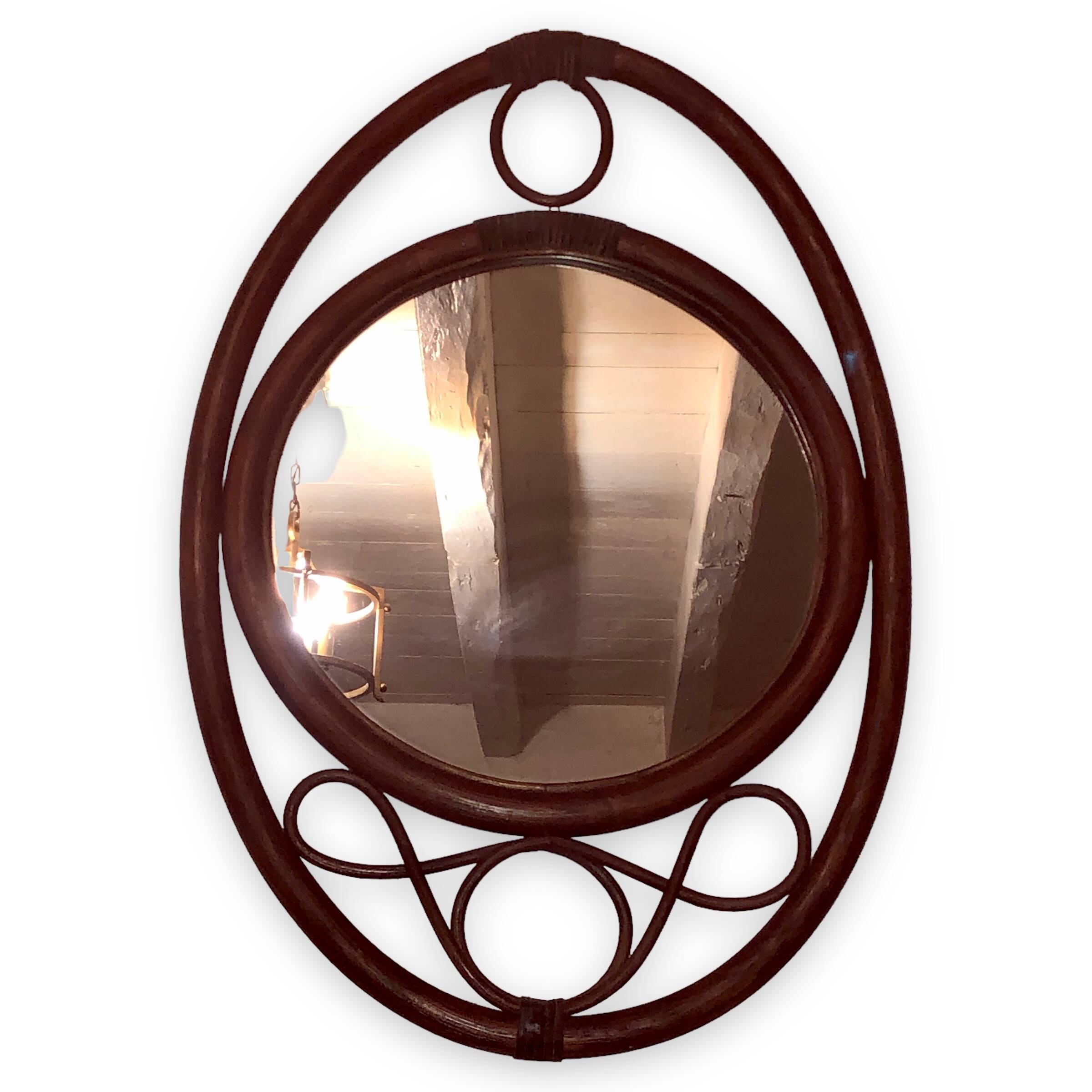 Oval rattan mirror in brown vintage, 72x49 cm