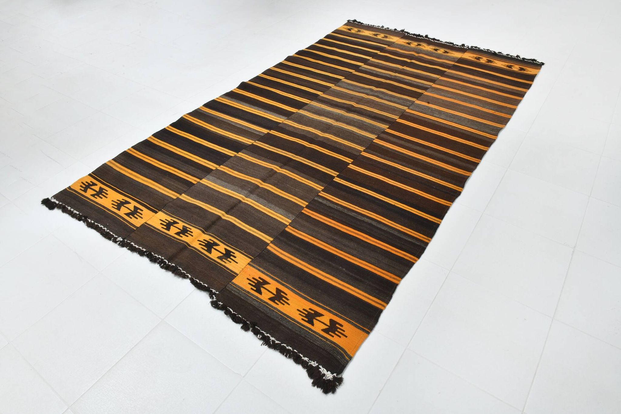 Tapis Kilim vintage rayé orange et marron 6x9, 172x291 cm