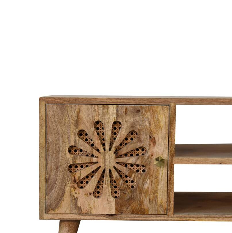 Rosalie Rattan and Solid Mango Wood Media Unit, Modern Console with Cut-Out Petal Design, Brass Knob