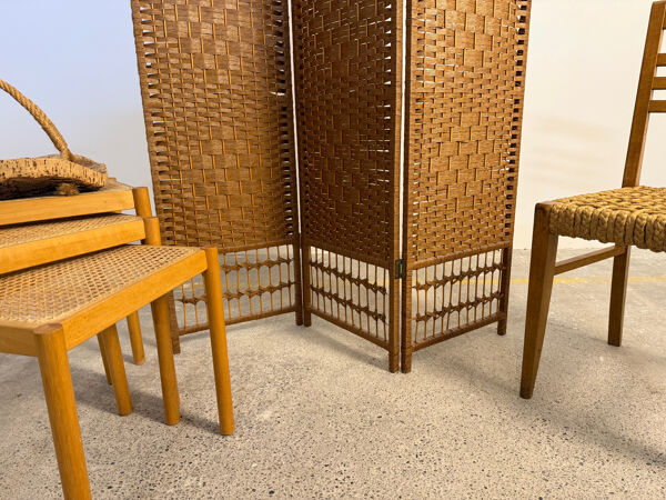 Paravent vintage en rotin et osier tressé – 3 panneaux – années 1970