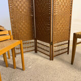 Vintage rattan and woven wicker screen – 3 panels – 1970s