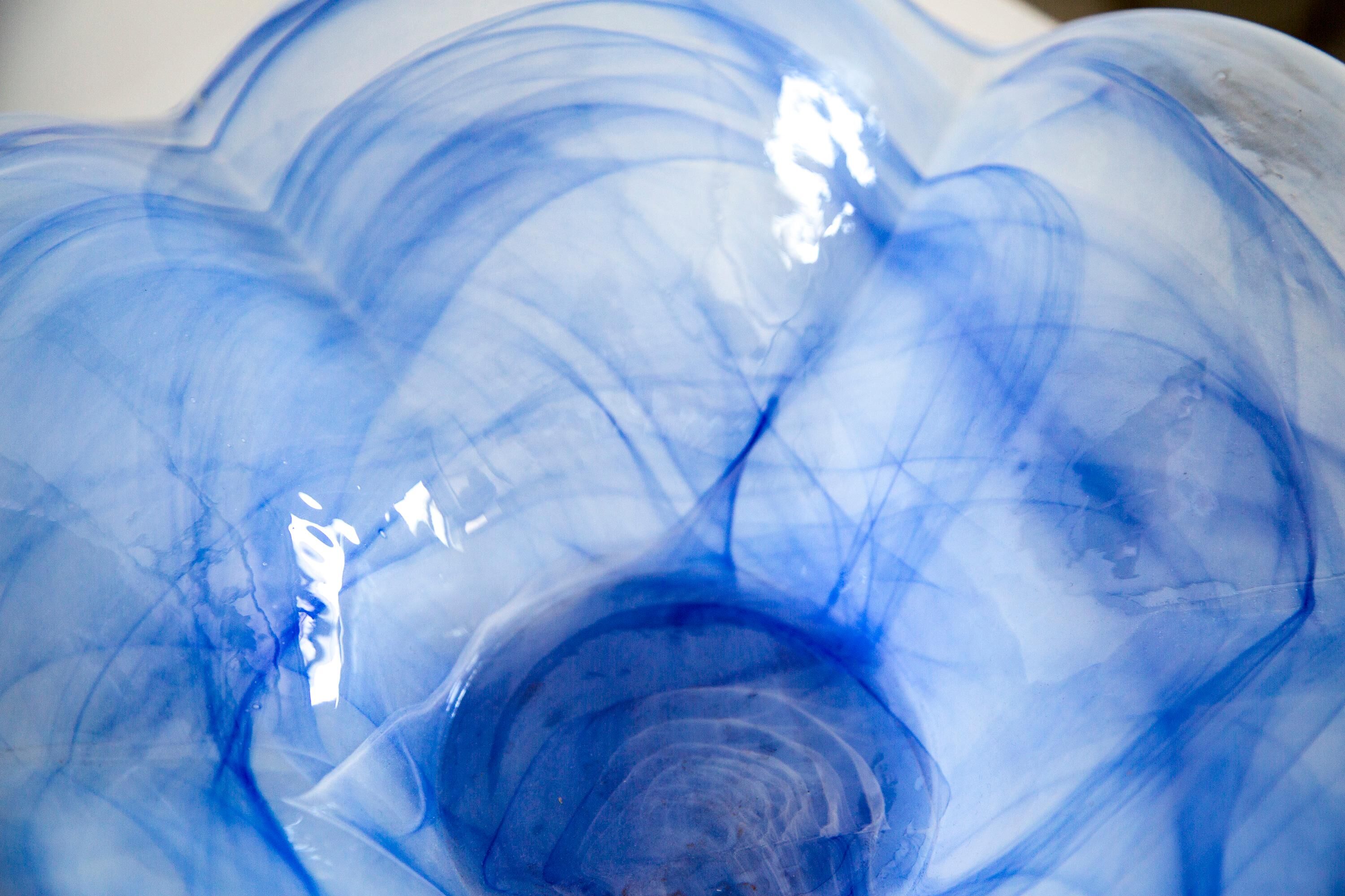 Large white and blue bowl in Murano glass, mid-century style, Italy, 2000s.