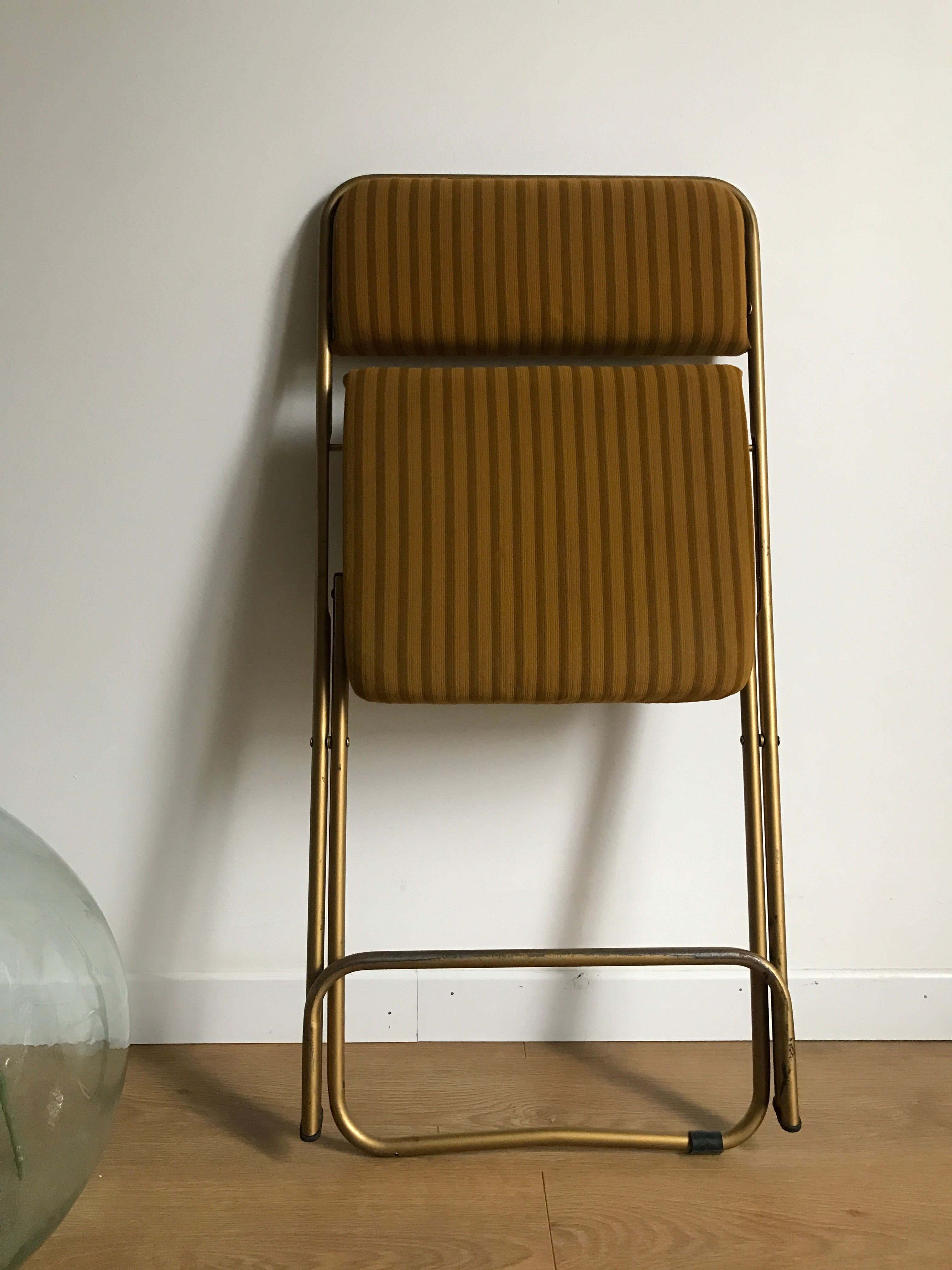 Vintage folding chair lafuma chantazur with striped gold fabric
