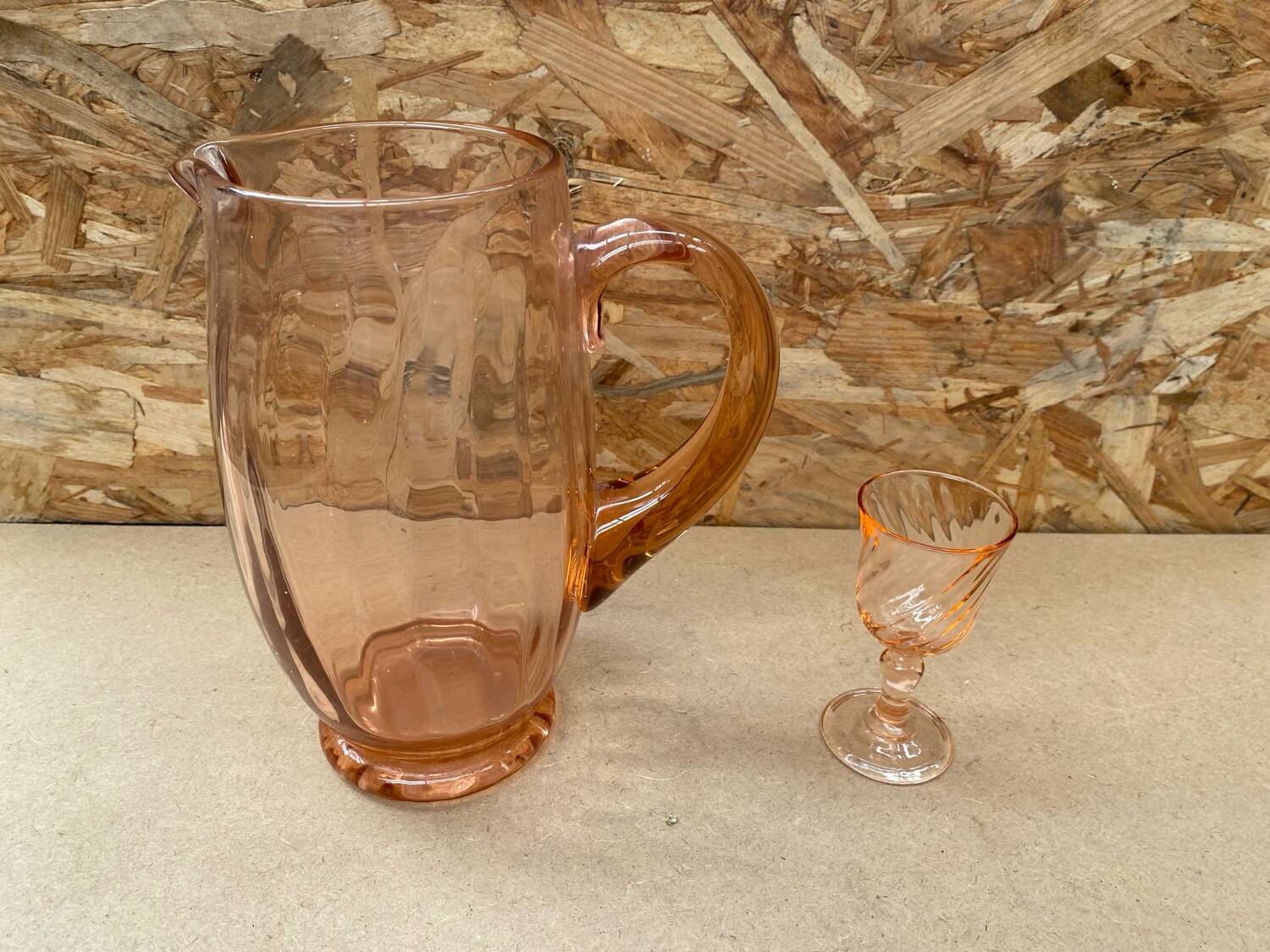 Antique Pink Blown Glass Pitcher Set + 6 Vintage Liqueur Glasses