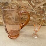 Antique Pink Blown Glass Pitcher Set + 6 Vintage Liqueur Glasses