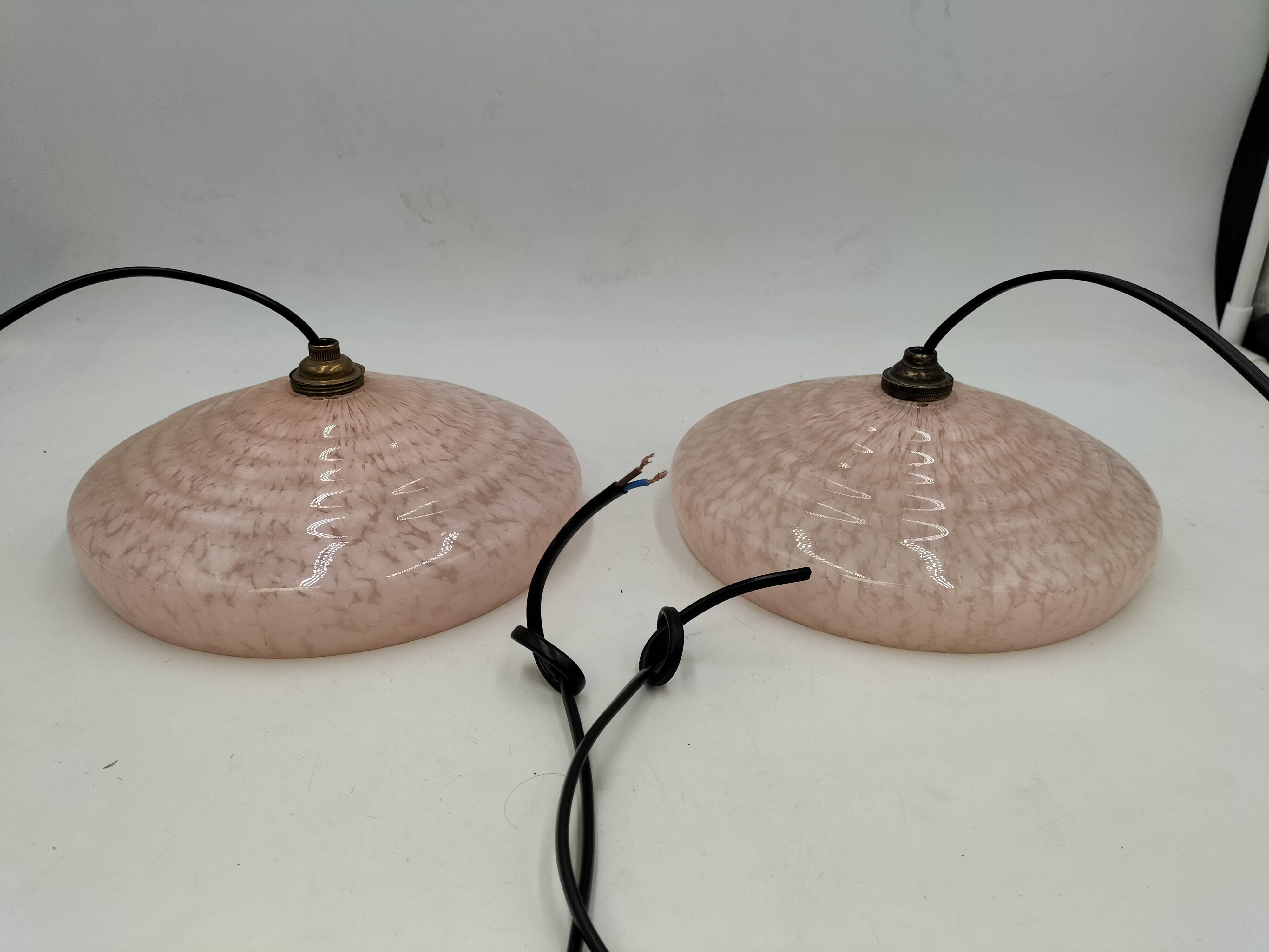 2 speckled pink opaline pendant lights