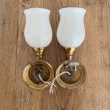 Set of 2 golden, bronze and brass torch wall lights