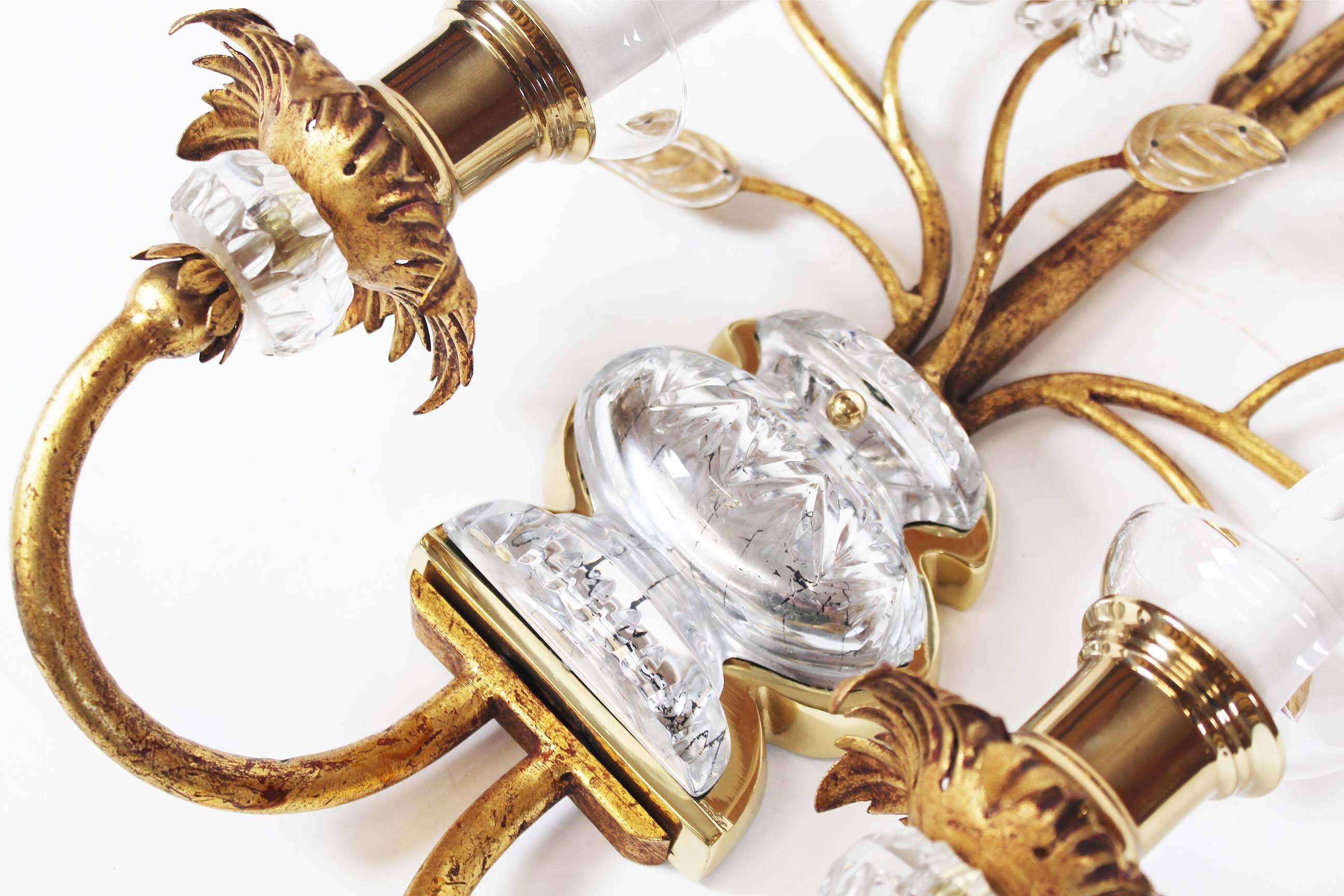 Monumental Bagues style crystal and gilt sconces by Banci Firenze