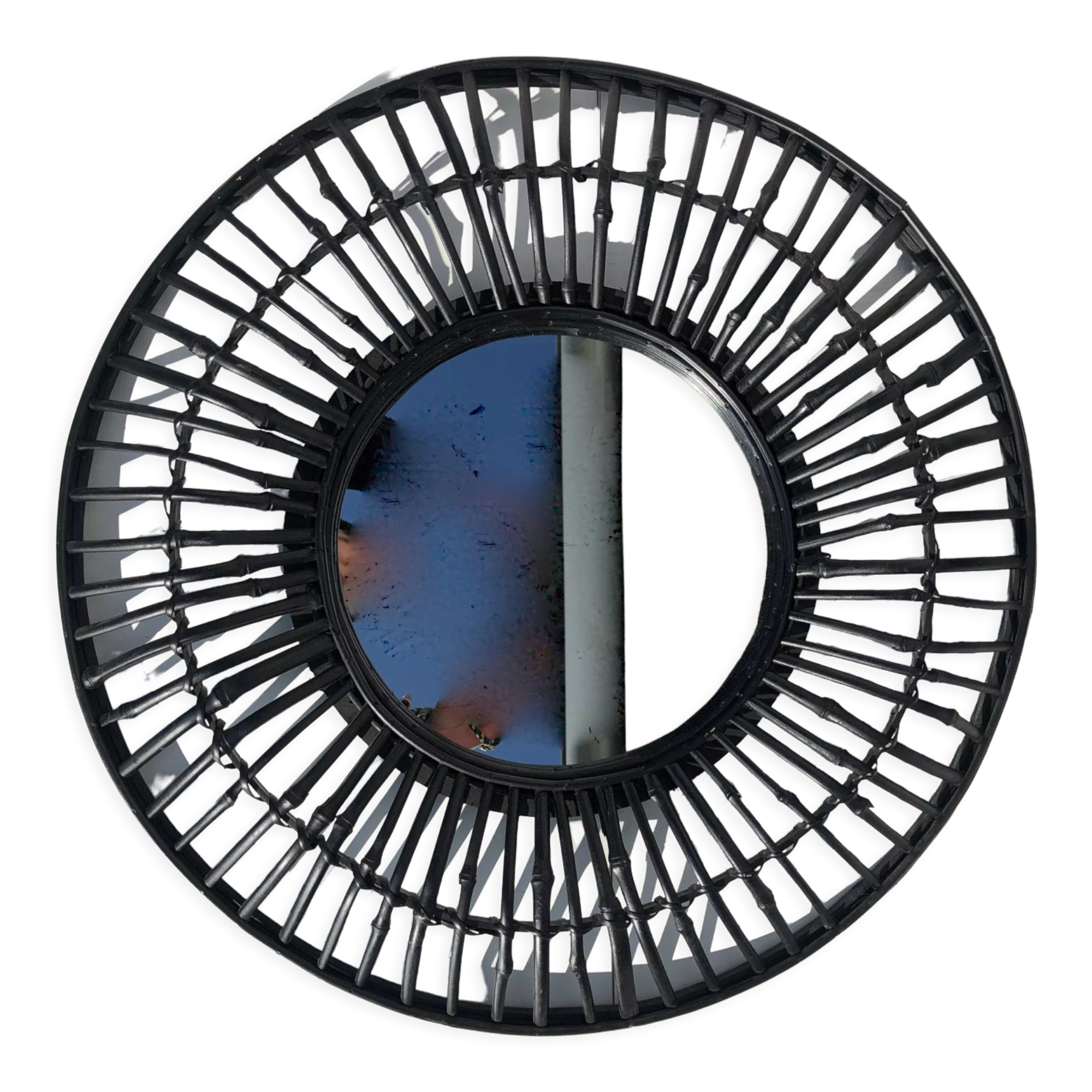 Round black rattan mirror
