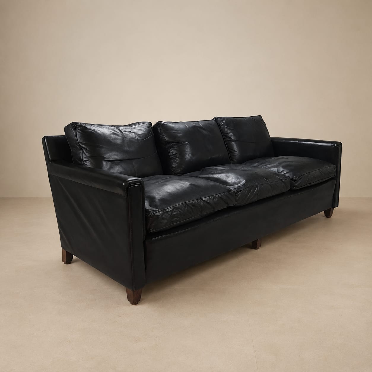 Mid-century black leather Scandinavian 3-seater sofa, 1950s