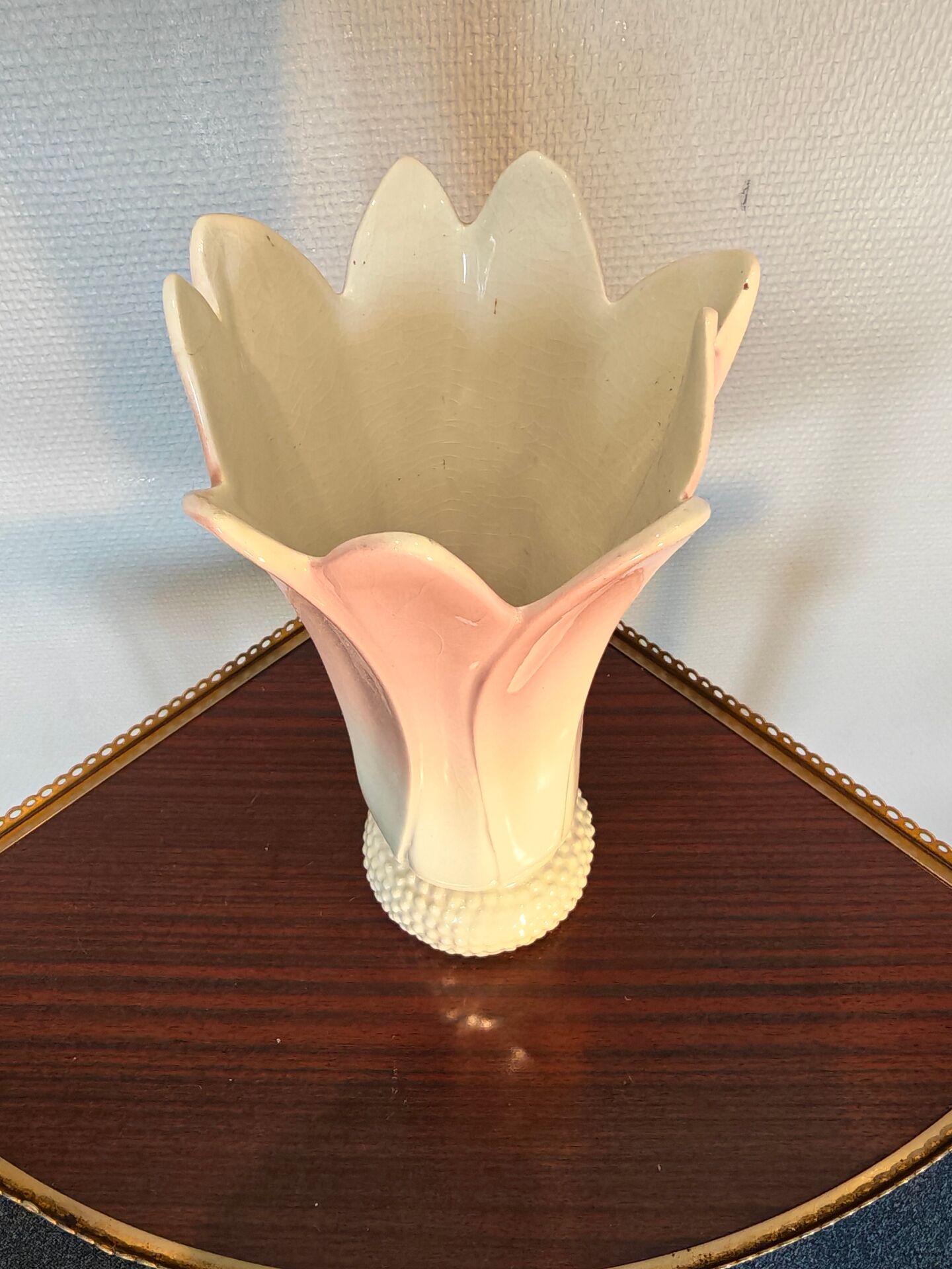 Vintage pink and white tulip vase in majolica, 1950s style.