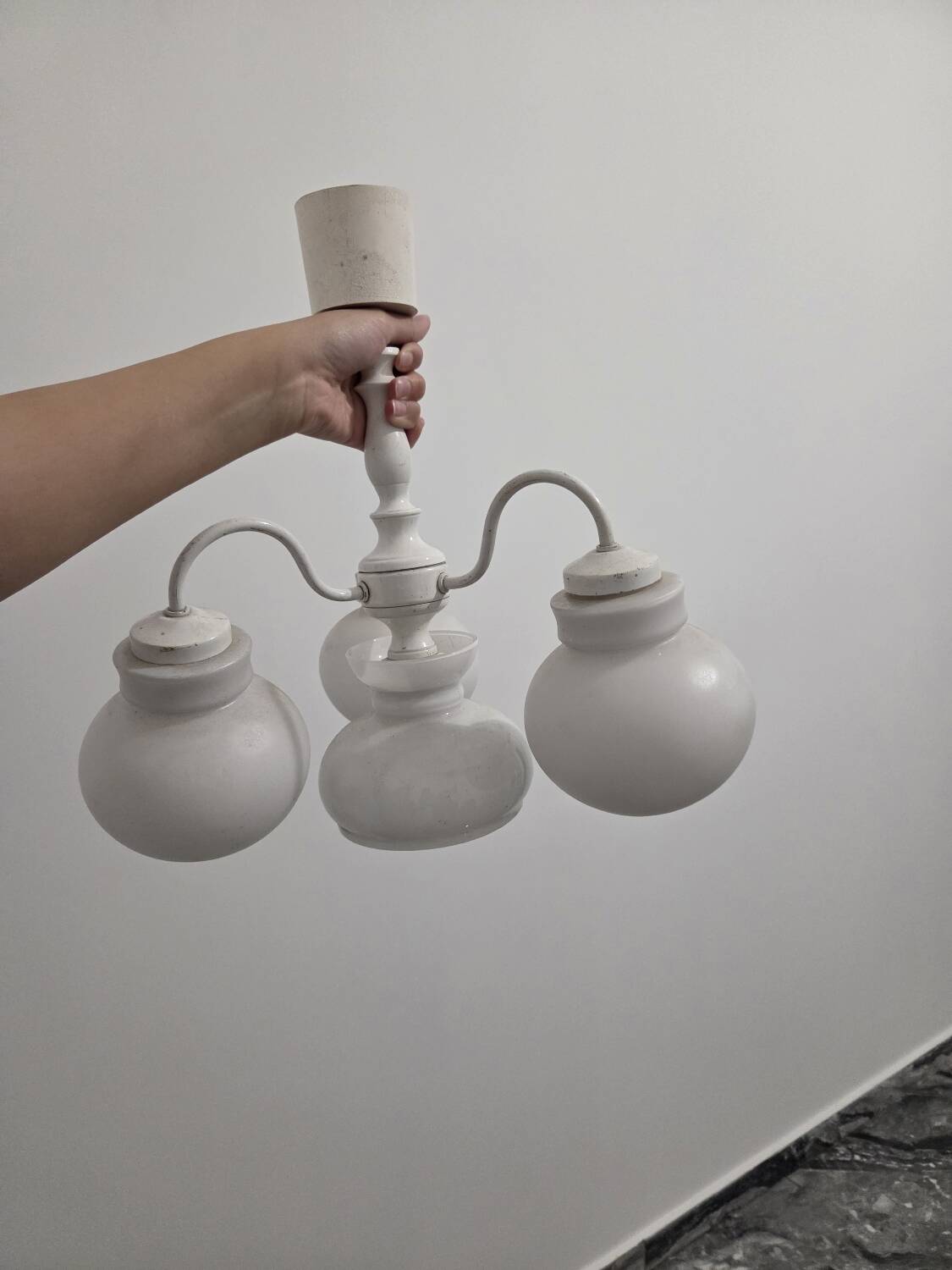 Antique vintage space age white pendant light, 4 opaline glass globes