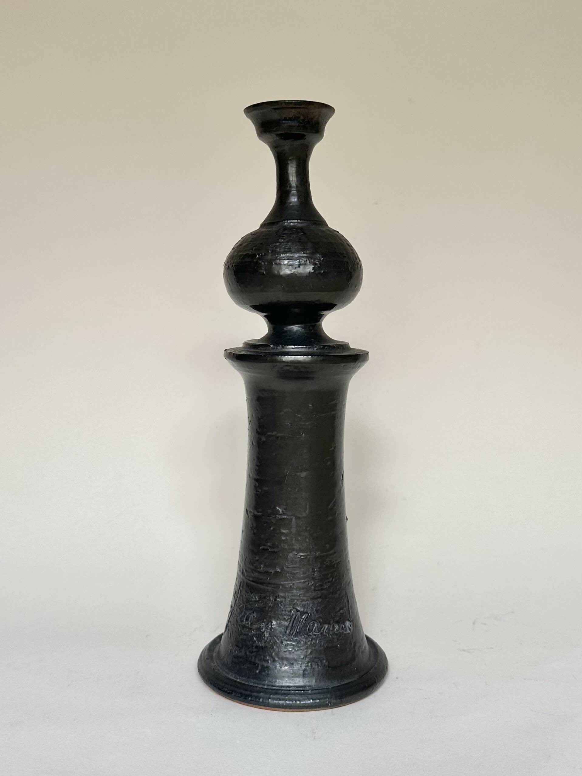 Black ceramic candlestick Jean Marais Vallauris