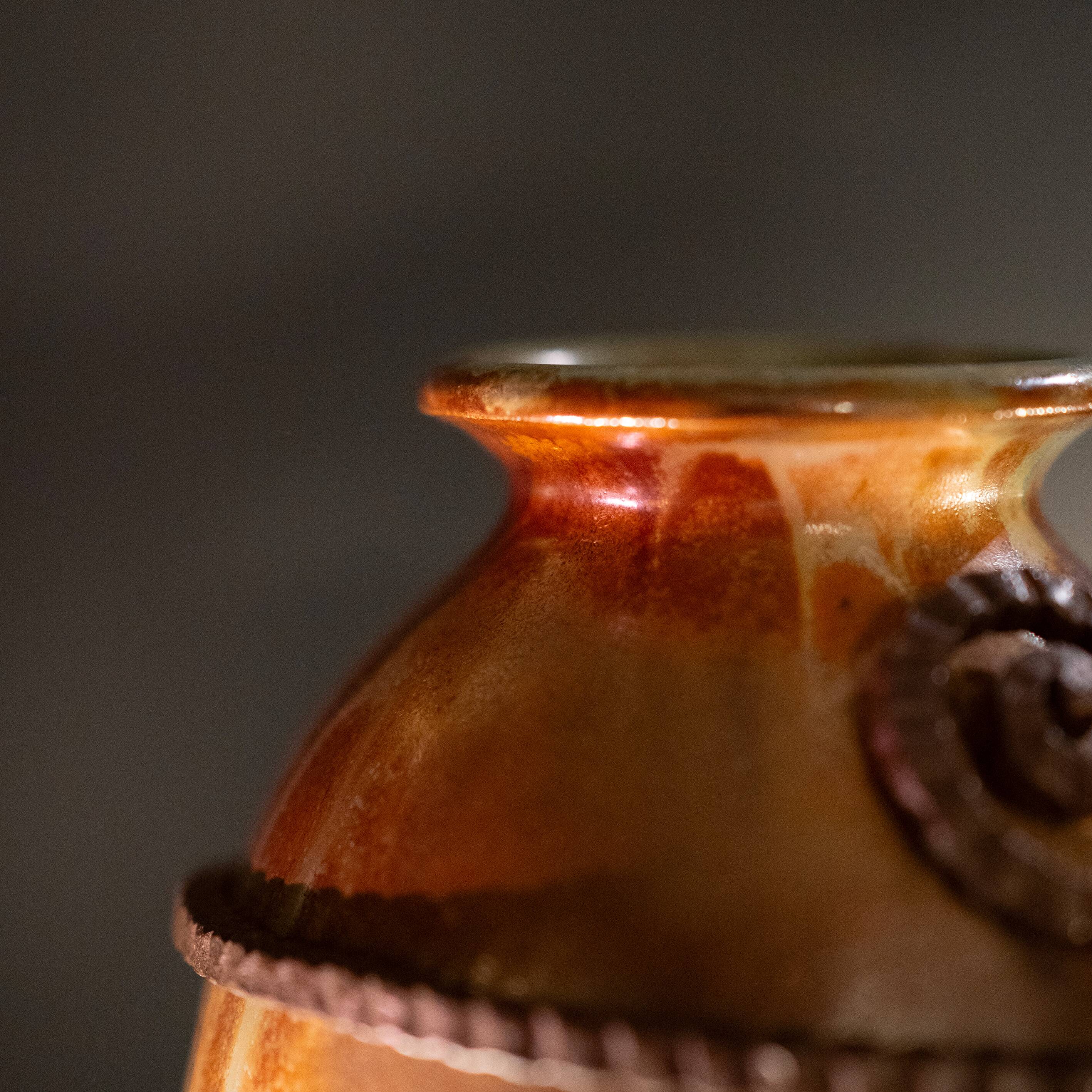 stoneware shell vase, wrought iron frame, roger guerin & francois carion, bouffioulx ca 1920