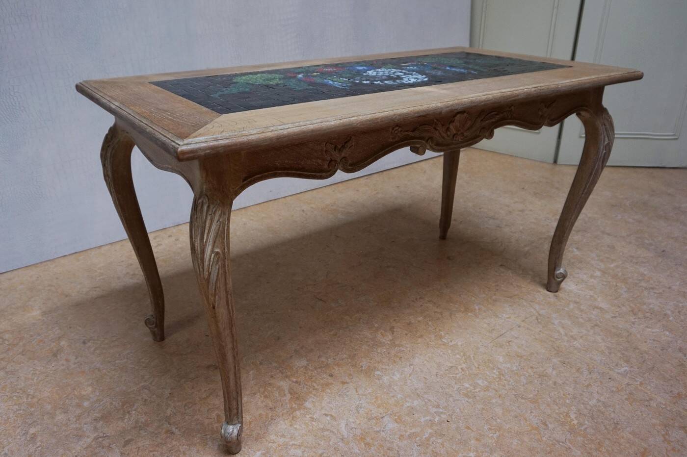 Vintage Oak &  Mosaic Coffee Table with Brids, Louis XV style 1970s