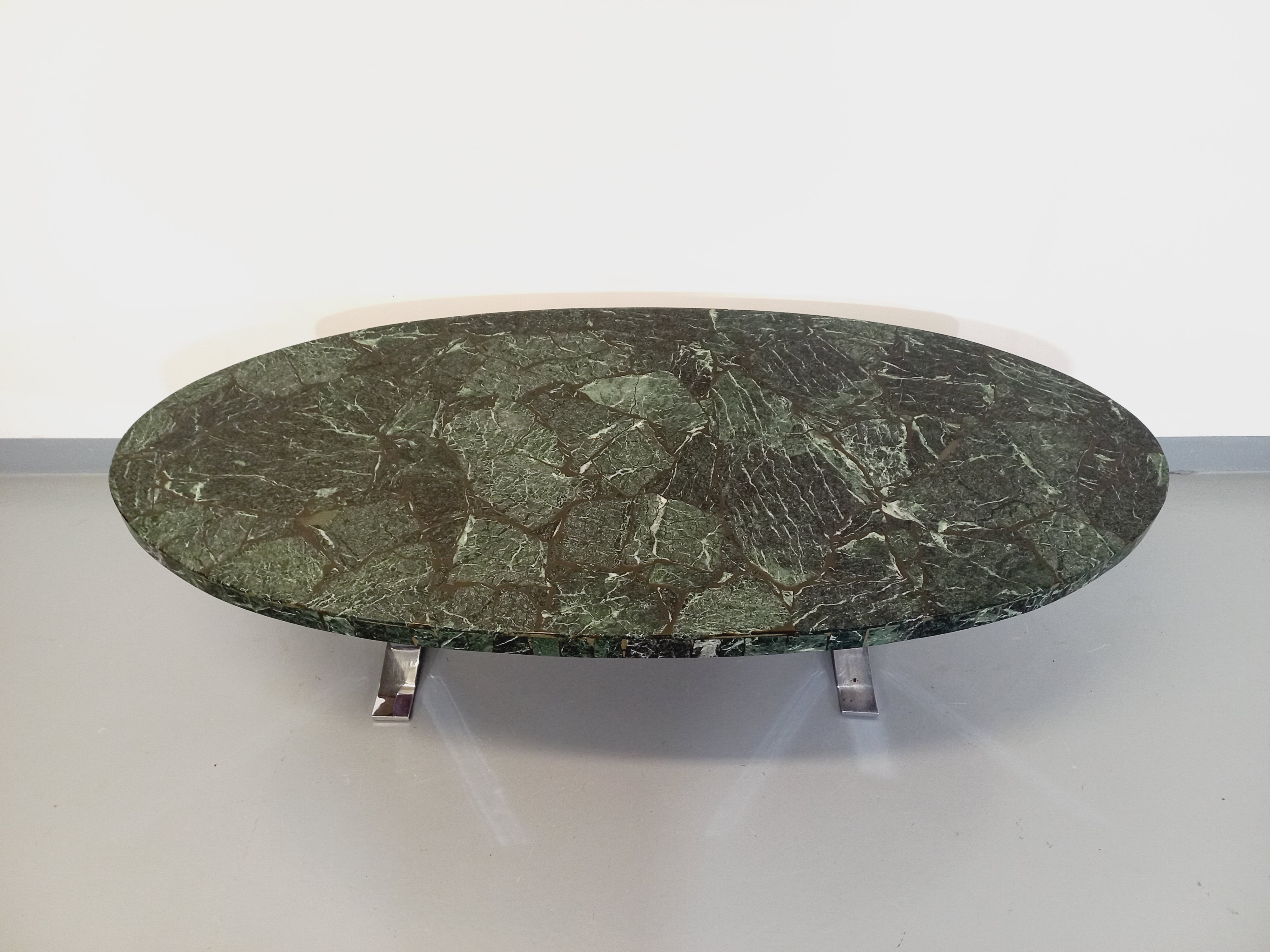 Vintage oval coffee table in stone and chromed metal from the 70s