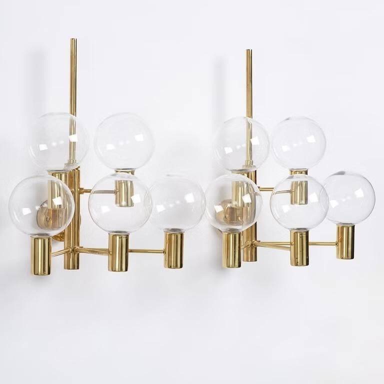 Hans-Agne Jakobsson Clear Glass and Brass Wall Lights, a pair, Sweden 1960