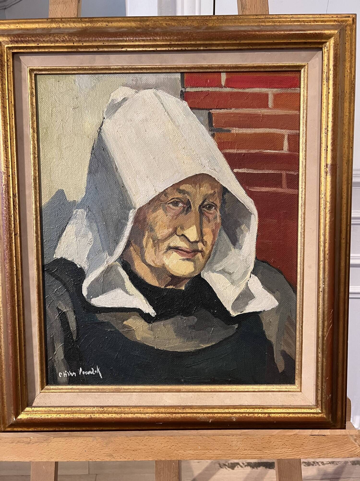 Portrait painting Breton woman with white headdress