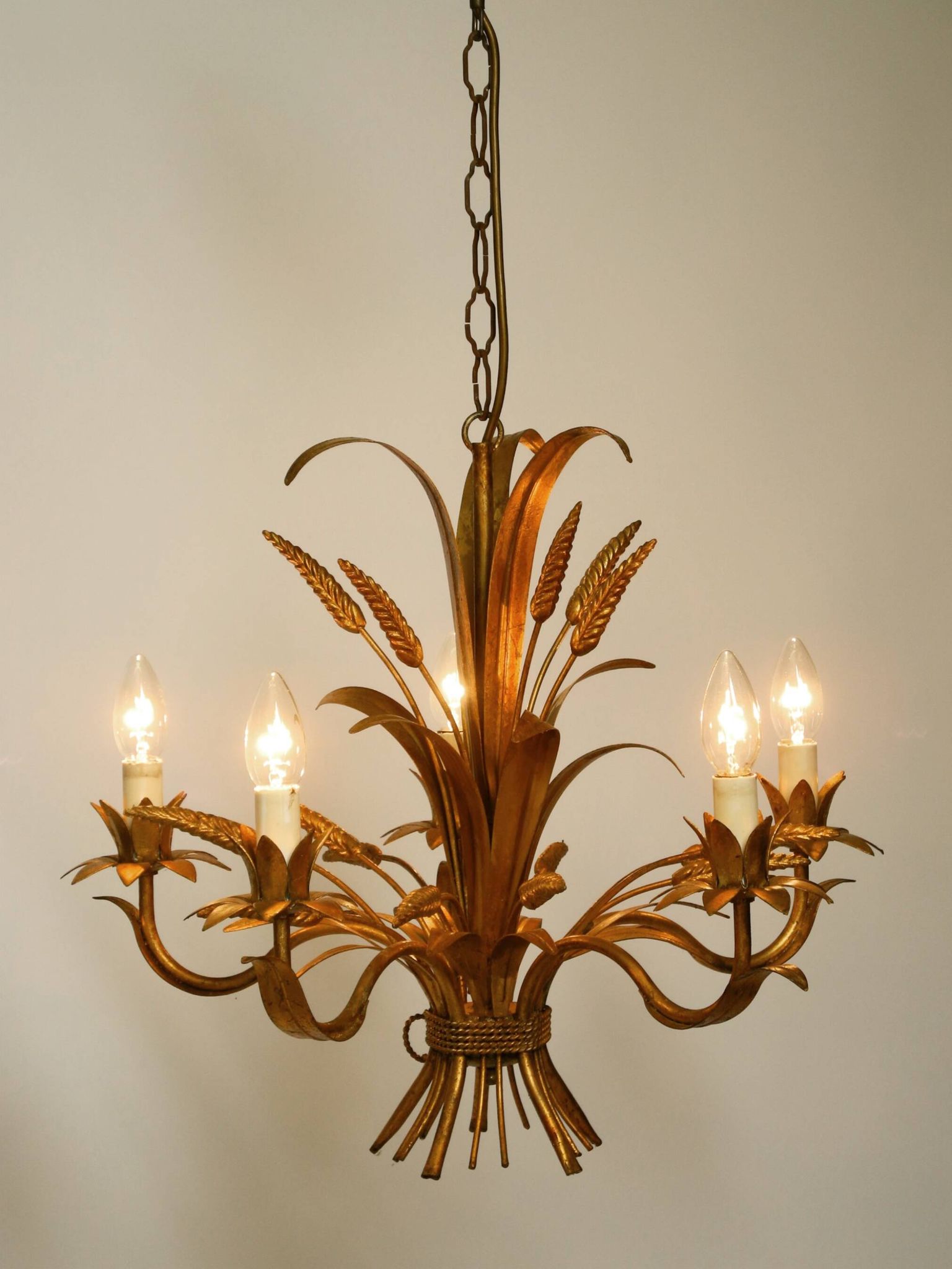 Beautiful 1970s gold-plated 5-arm tall metal chandelier by Hans Kögl
