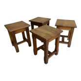 Ensemble de 4 tabourets en bois massif, bistrot, années 60