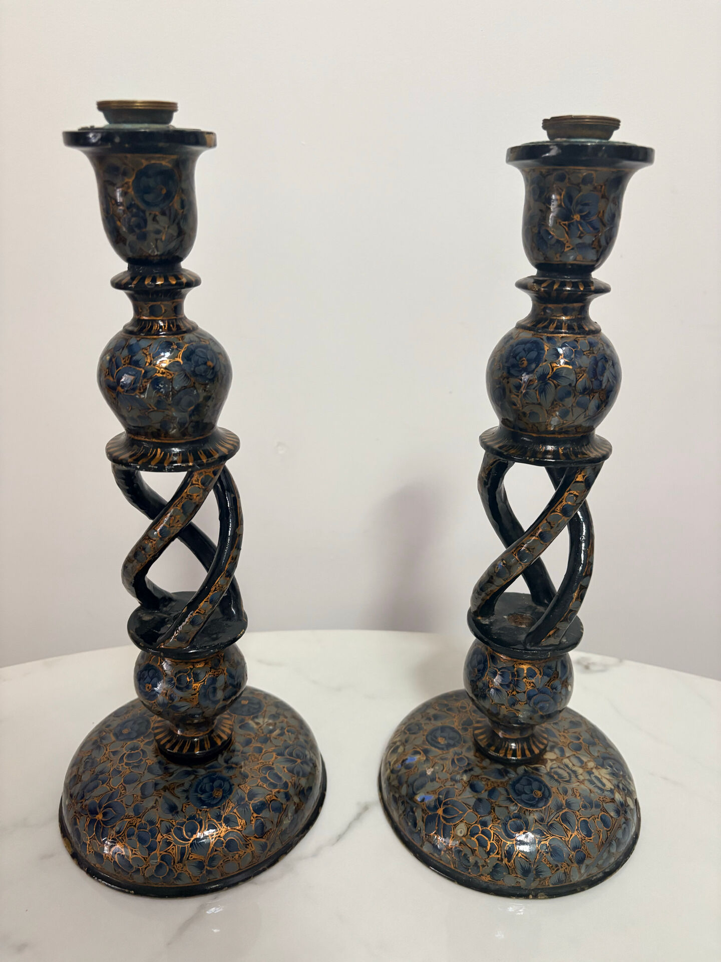 Pair of ancient Kashmiri candlesticks in midnight blue and gold – lamp bases