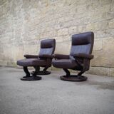 Pair of Scandinavian leather armchairs and ottoman, Ekornes, Norway, 1970s