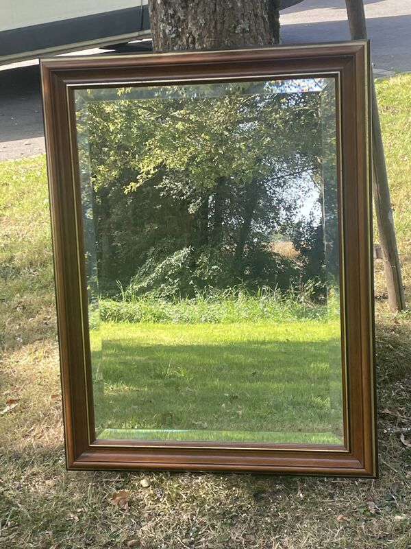 Grand miroir moulure bois nature, réhaut filet or, miroir biseauté, (La Gatvinière)