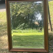 Large natural wood moulding mirror, gold fillet highlight, bevelled mirror, (La Gatvinière)