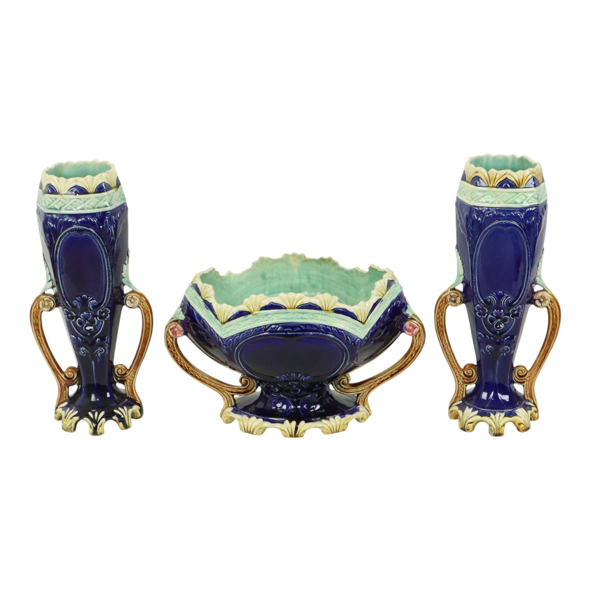 Art Nouveau Barbotine Majolica Vases Jardinière Set of 3