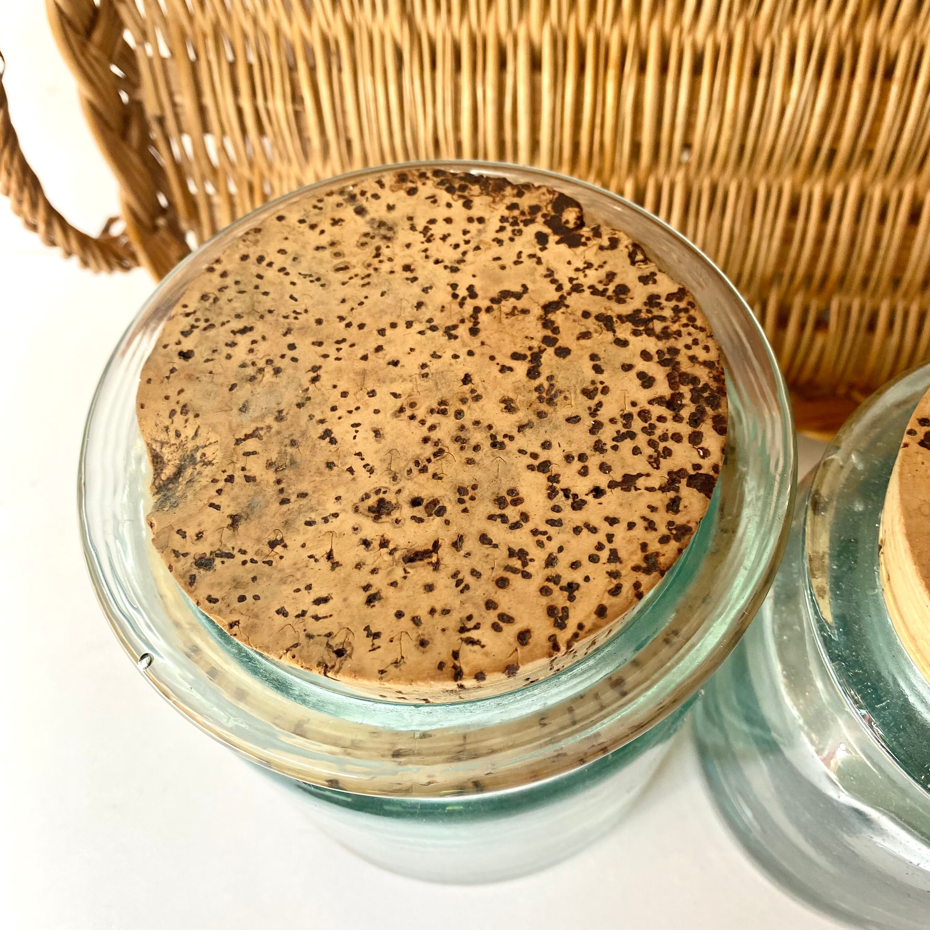 Glass jars with cork stopper