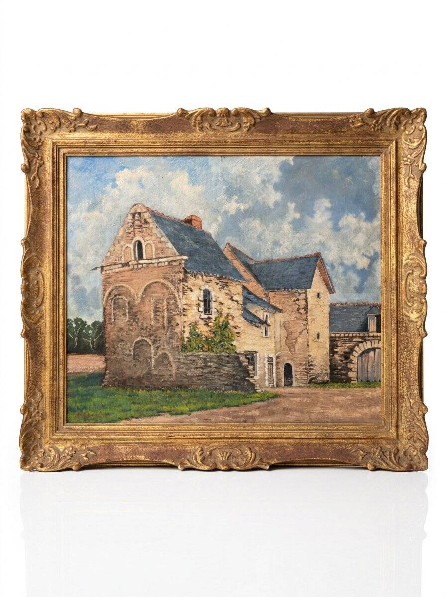 Oil painting of a Breton manor signed M. Garnier in a gilded frame - Antique