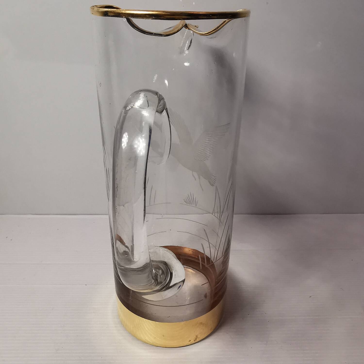 Vintage Engraved Glass & Crystal Pitcher with Duck and Reeds, Gilding