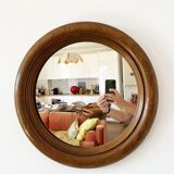 Large round antique solid wood mirror, 49cm