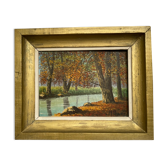 Tableau ancien, paysage de rivière signé M.Bonvin