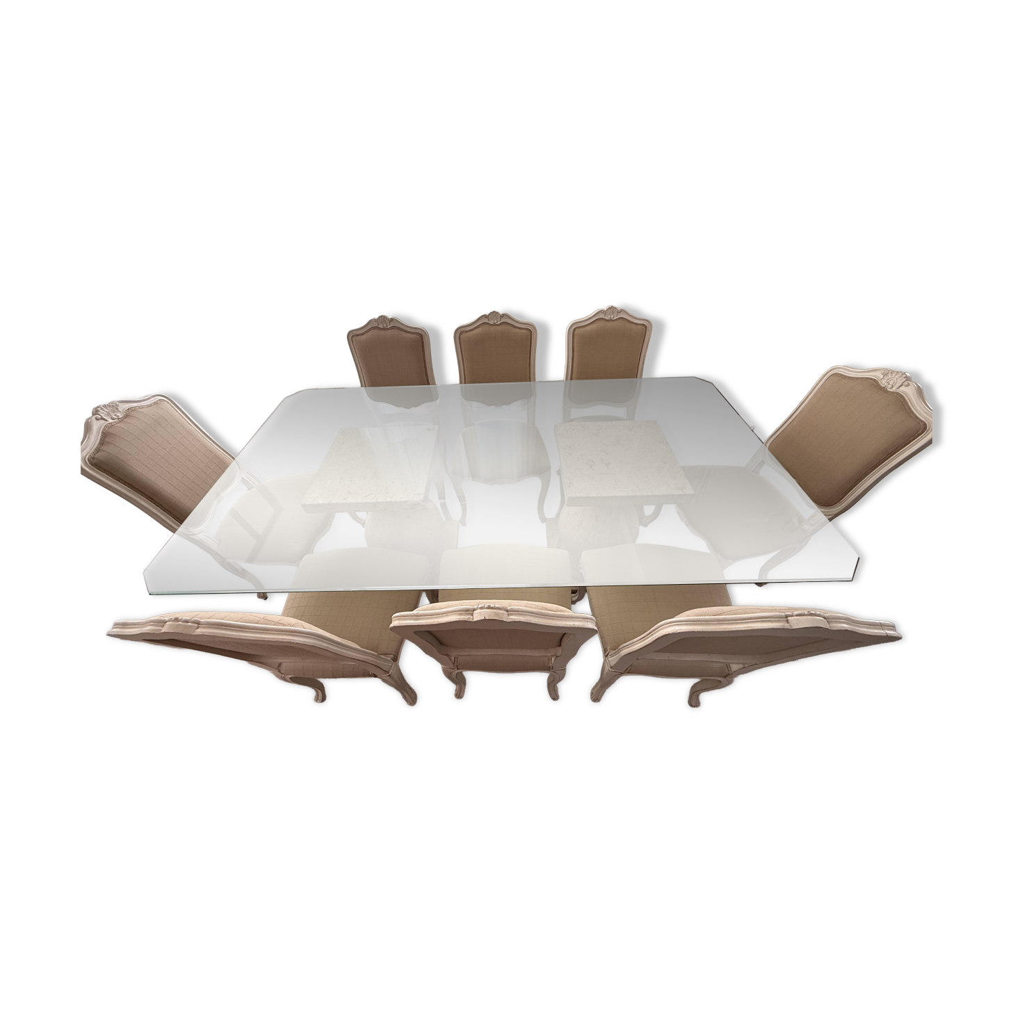 Table with a glass top and 8 chairs.
